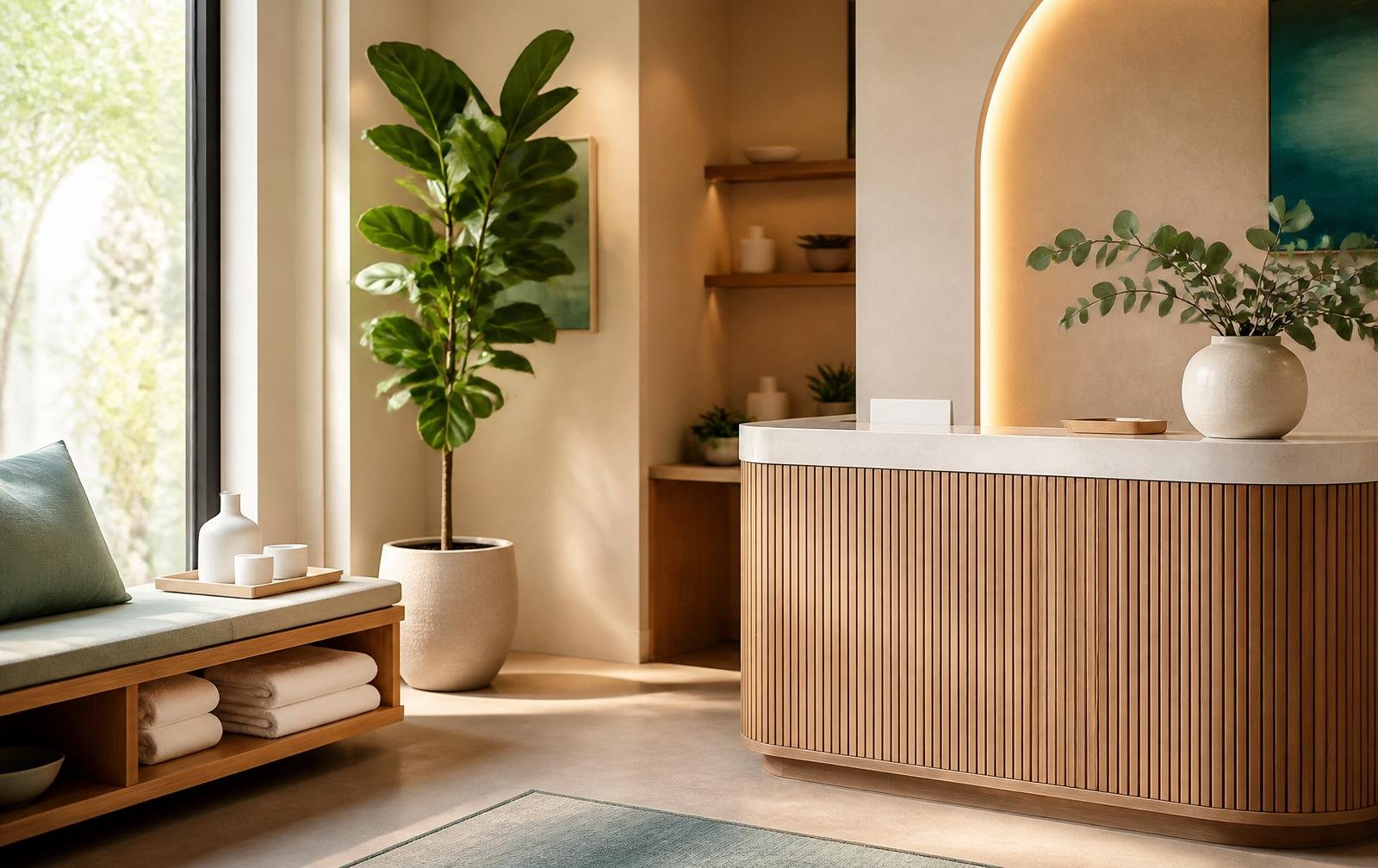 Warm wellness reception area with light wood, soft natural light, and a fresh plant