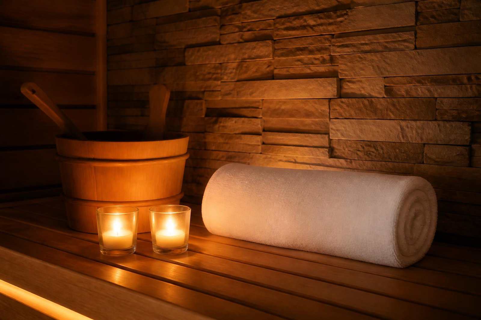 Candlelit sauna bench with wooden bucket, ladle, and rolled towel