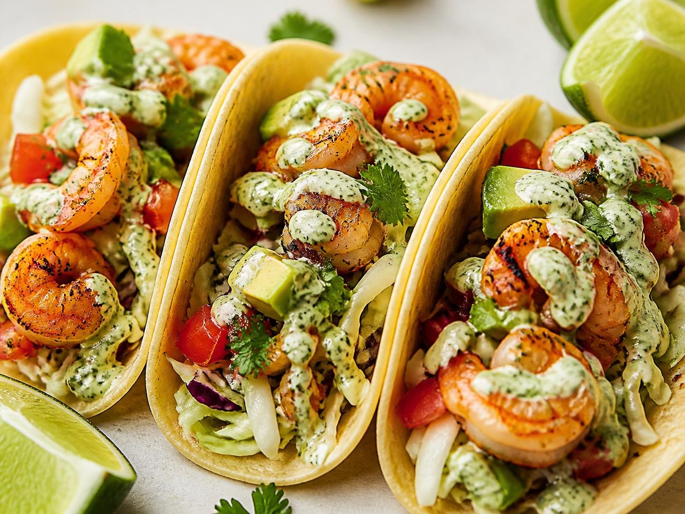 Grilled shrimp tacos with slaw, avocado and lime crema