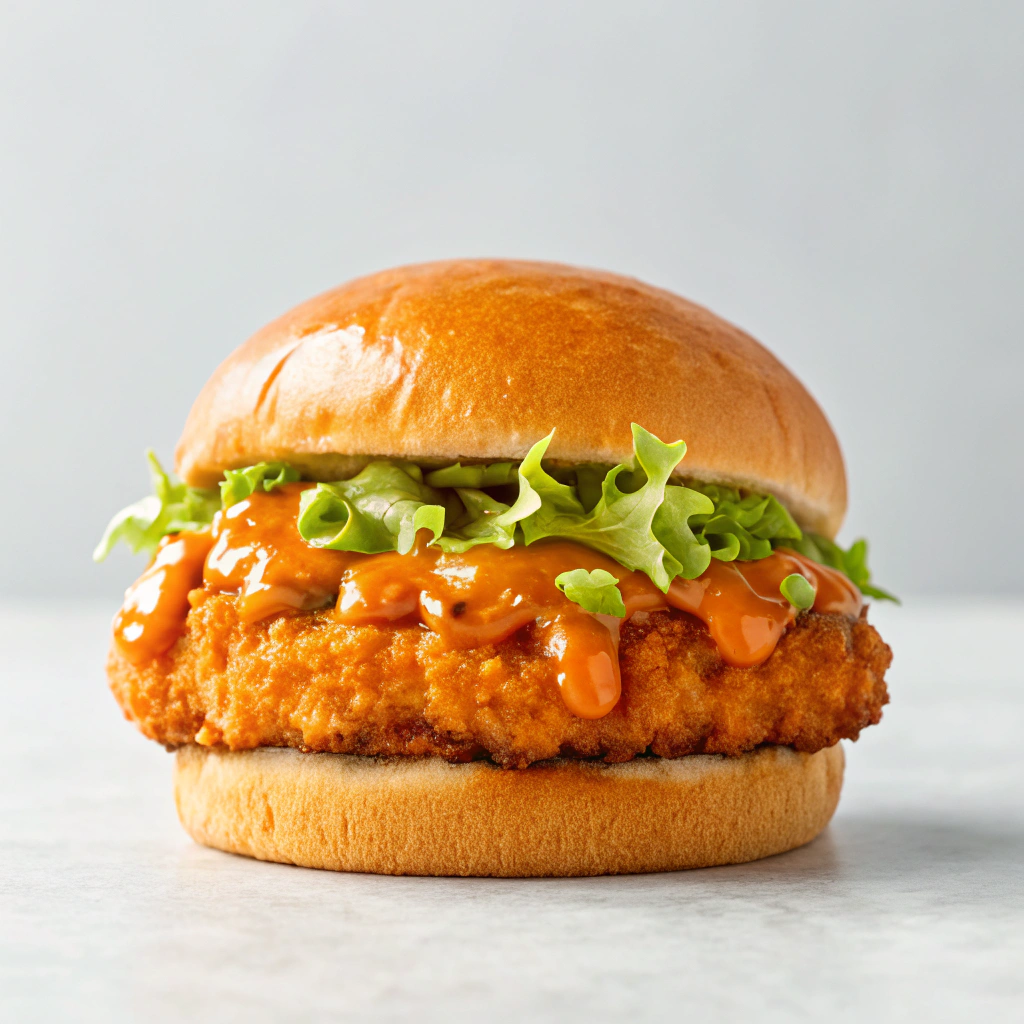 Crispy chicken burger with lettuce and hot sauce on a toasted brioche bun