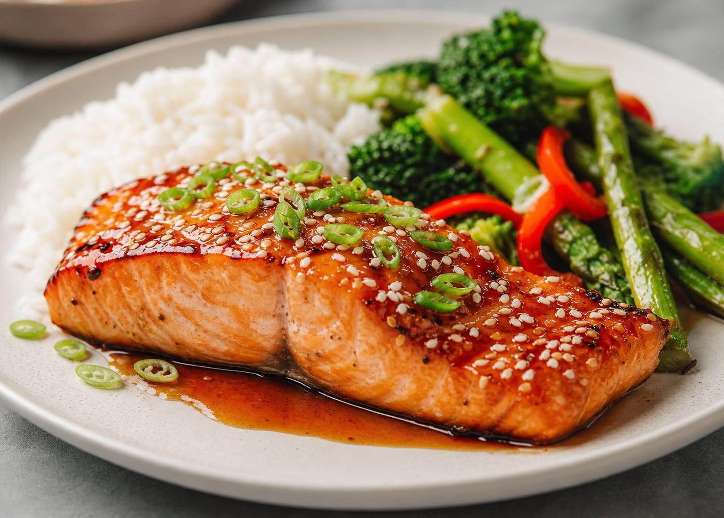 Honey garlic glazed salmon fillet with steamed rice and vegetables