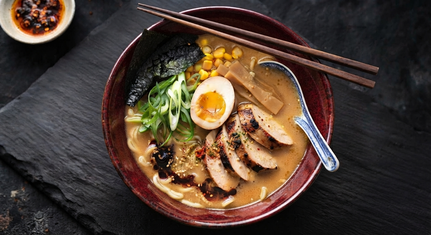 Miso ramen bowl with grilled chicken, soft egg, nori, and green onions