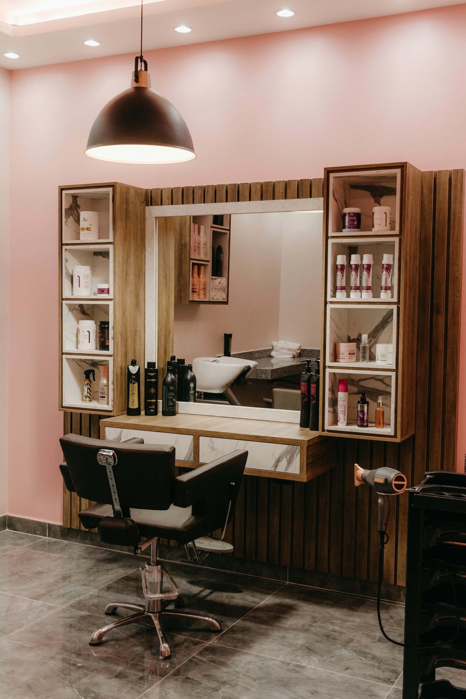 Salon styling chair by a bright window