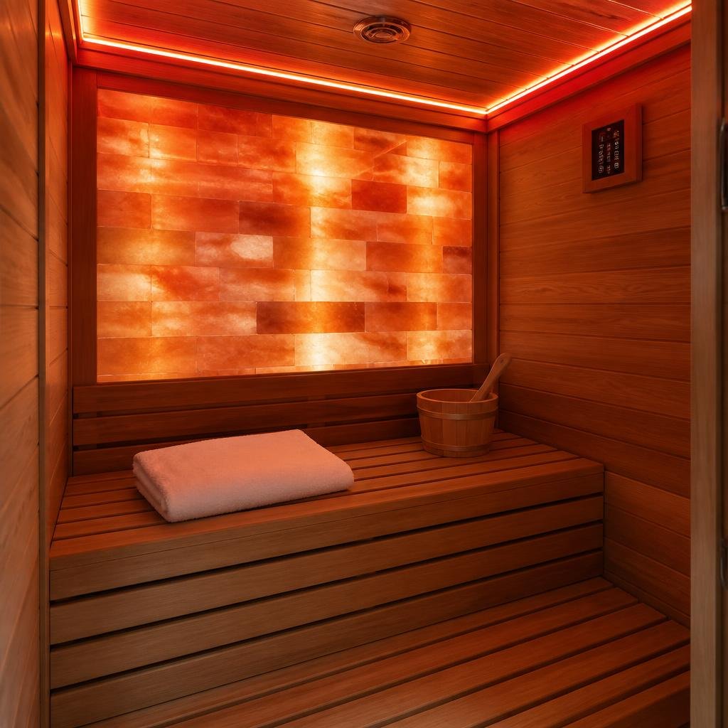 Himalayan salt sauna with salt brick accent wall