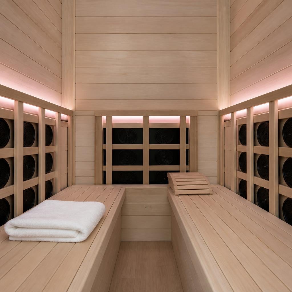 Wood-paneled infrared sauna cabin