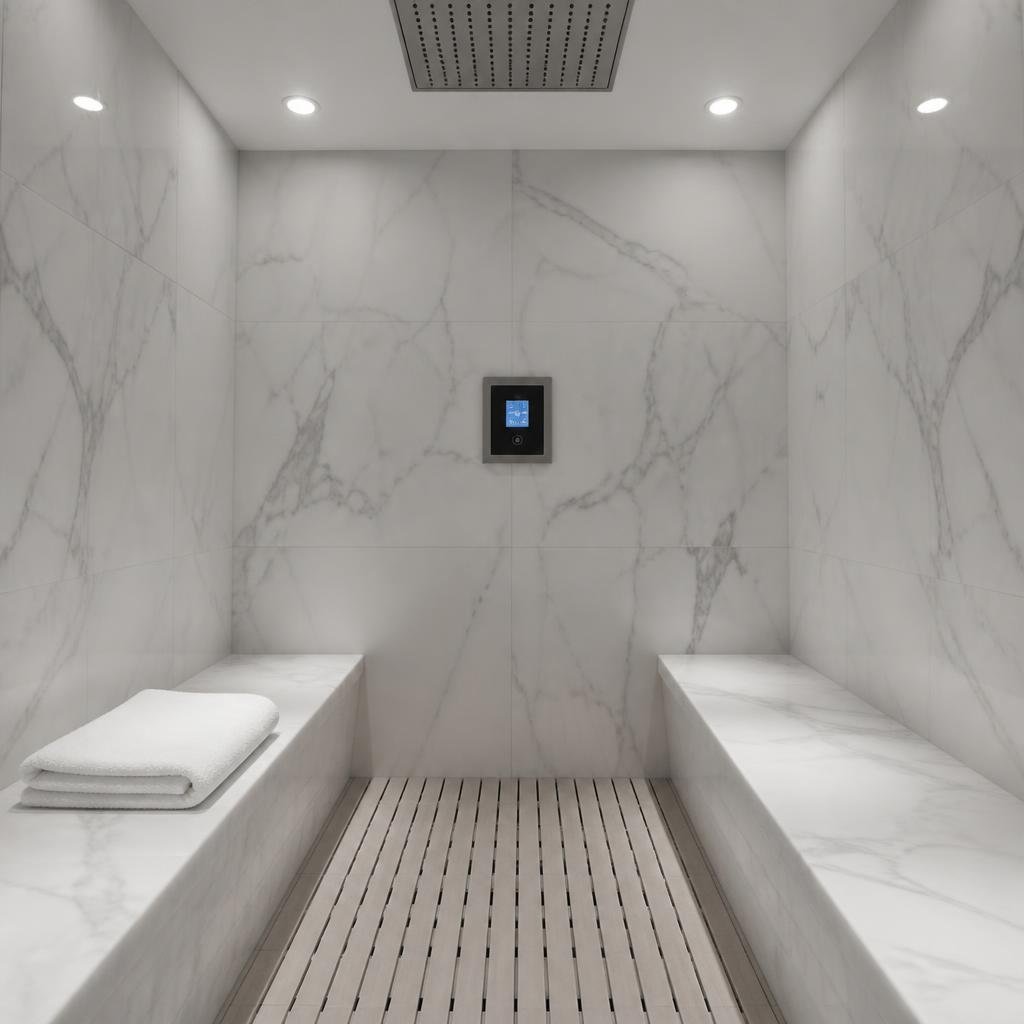 Tiled steam room with warm lighting